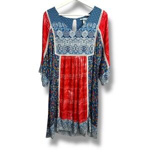 Sundance Boho Patchwork Print Rayon Dress Red Blue White‎ Tassel Keyhole L